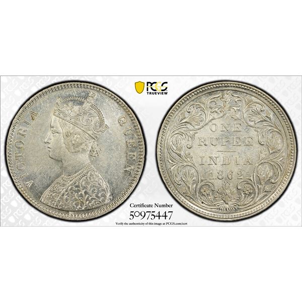 BRITISH INDIA: Victoria, Queen, 1837-1876, AR rupee, 1862(b), PCGS AU58