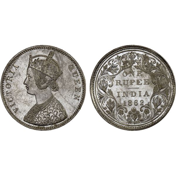 BRITISH INDIA: Victoria, Queen, 1837-1876, AR rupee, 1862(b), Unc