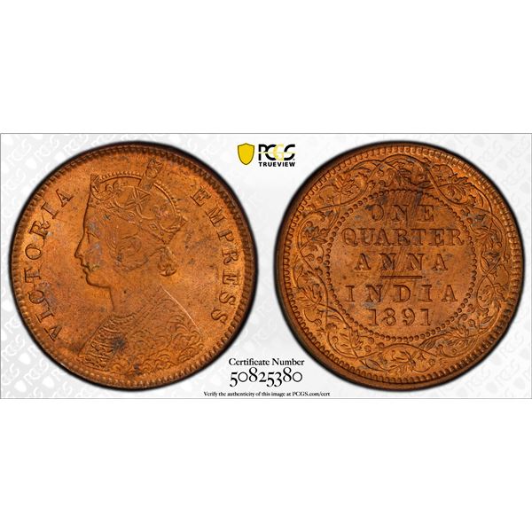 BRITISH INDIA: Victoria, Empress, 1876-1901, AE 1/4 anna, 1891(c), PCGS MS64 RD
