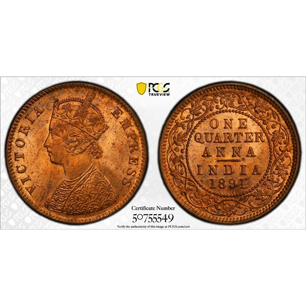 BRITISH INDIA: Victoria, Empress, 1876-1901, AE 1/4 anna, 1891(c), PCGS MS64 RD