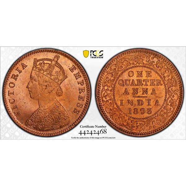 BRITISH INDIA: Victoria, Empress, 1876-1901, AE 1/4 anna, 1893(c), PCGS MS65 RD