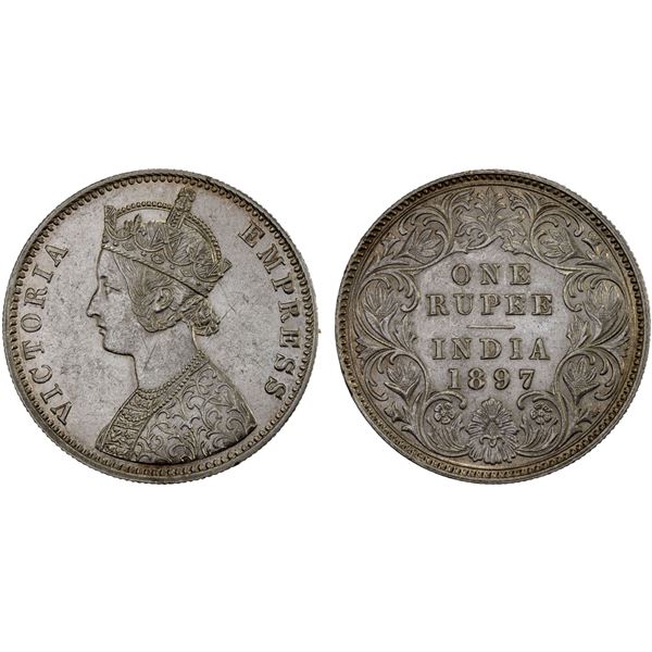 BRITISH INDIA: Victoria, Empress, 1876-1901, AR rupee, 1897-C, Choice XF