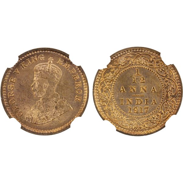 BRITISH INDIA: George V, 1910-1936, AE 1/12 anna, 1917(c), NGC MS65 RB