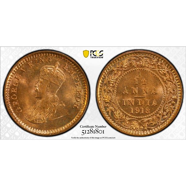 BRITISH INDIA: George V, 1910-1936, AE 1/12 anna, 1918(c), PCGS MS66 RD