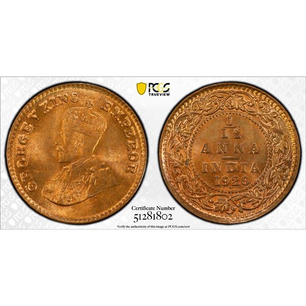 BRITISH INDIA: George V, 1910-1936, AE 1/12 anna, 1926(b), PCGS MS66 RD