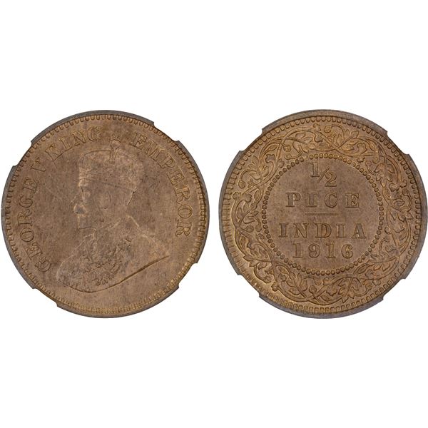 BRITISH INDIA: George V, 1910-1936, AE 1/2 pice, 1916(c), NGC MS65 RB. CAC