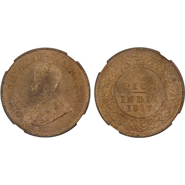 BRITISH INDIA: George V, 1910-1936, AE 1/2 pice, 1917(c), NGC MS65 RB. CAC