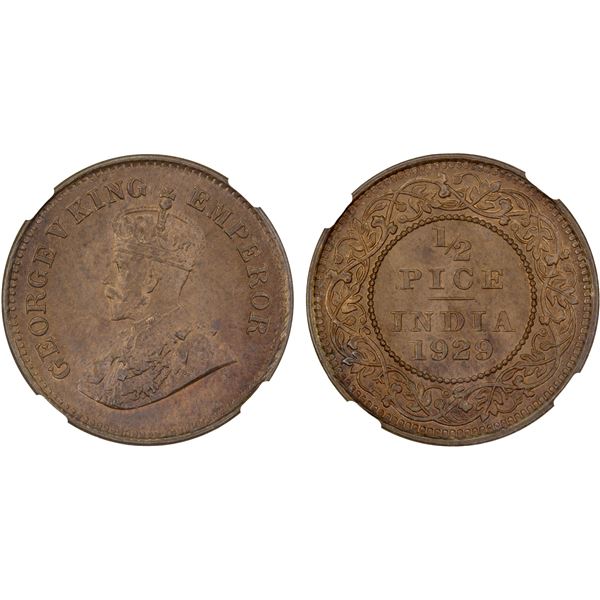 BRITISH INDIA: George V, 1910-1936, AE 1/2 pice, 1929(c), NGC MS65 RB. CAC