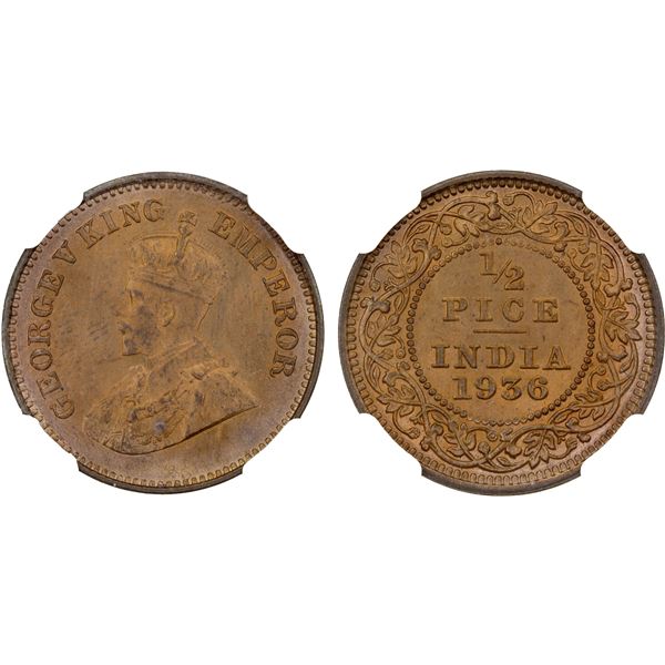 BRITISH INDIA: George V, 1910-1936, AE 1/2 pice, 1936(c), NGC MS65 RB