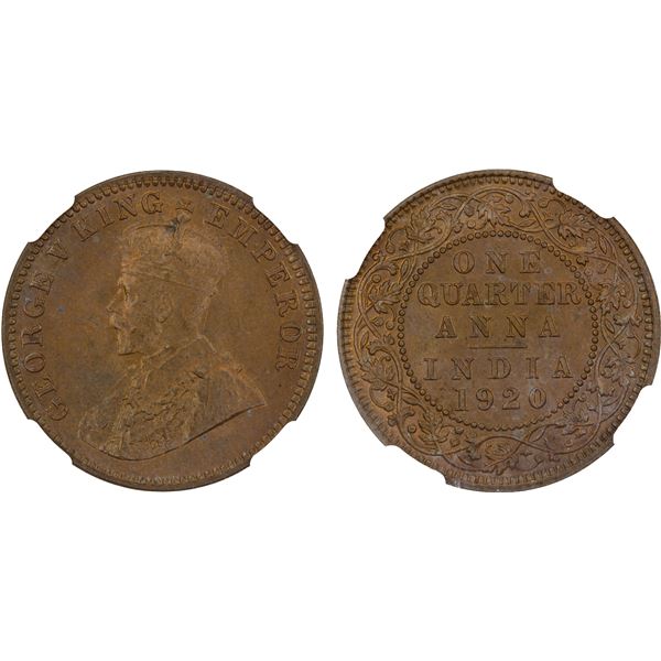 BRITISH INDIA: George V, 1910-1936, AE 1/4 anna, 1920(c), NGC MS65 RB