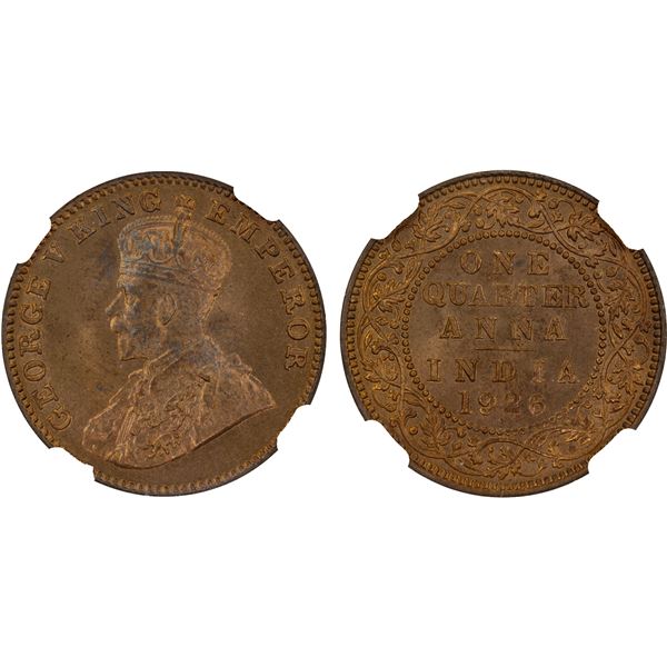 BRITISH INDIA: George V, 1910-1936, AE 1/4 anna, 1926(b), NGC MS66 RB. CAC