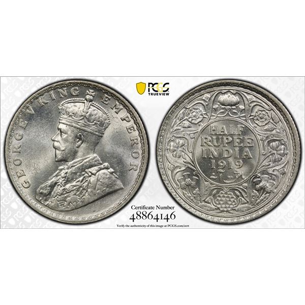 BRITISH INDIA: George V, 1910-1936, AR 1/2 rupee, 1919(b), PCGS MS63