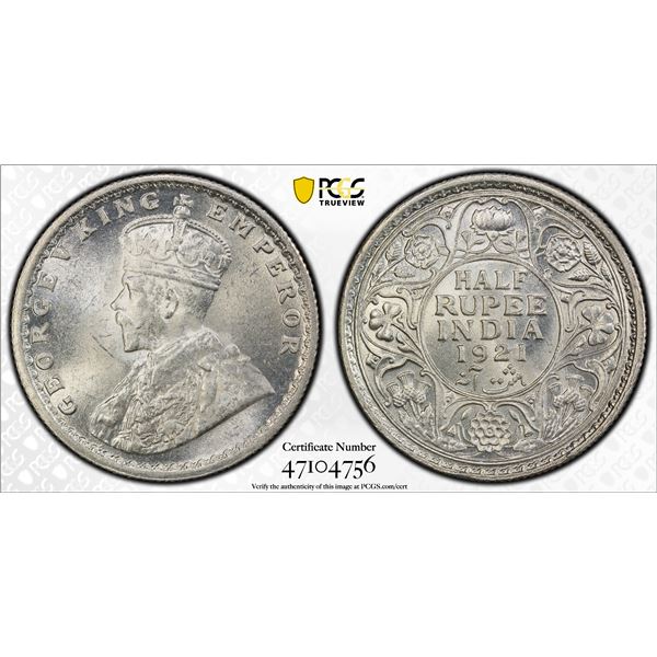 BRITISH INDIA: George V, 1910-1936, AR 1/2 rupee, 1921(c), PCGS MS64