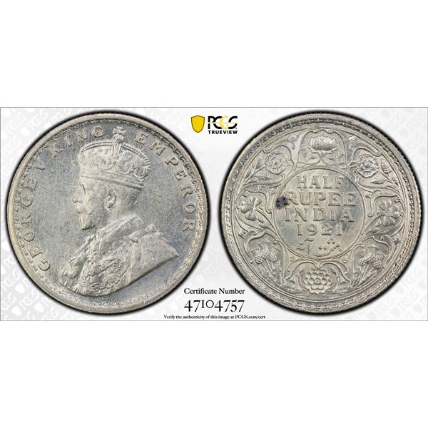 BRITISH INDIA: George V, 1910-1936, AR 1/2 rupee, 1921(c), PCGS MS63