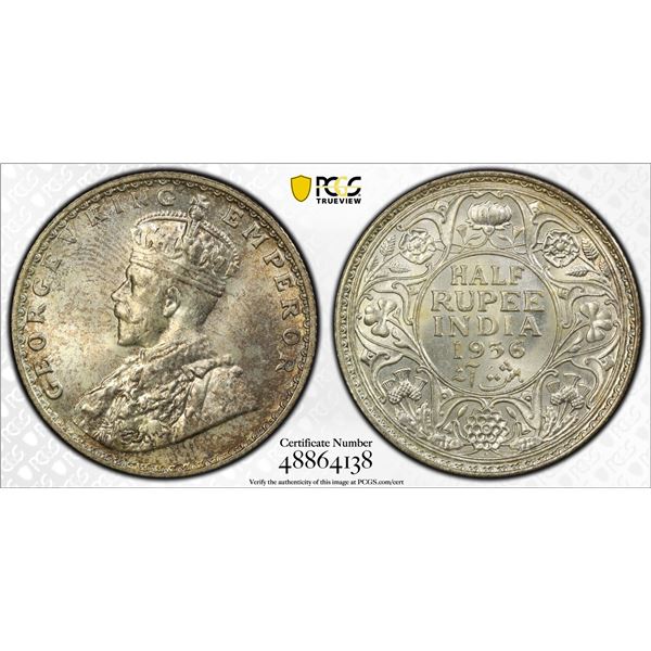 BRITISH INDIA: George V, 1910-1936, AR 1/2 rupee, 1936(b), PCGS MS65
