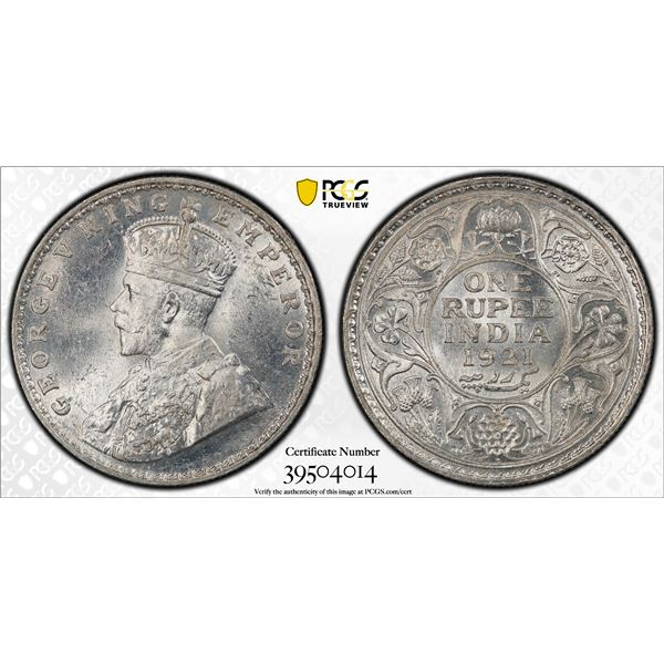 BRITISH INDIA: George V, 1910-1936, AR rupee, 1921(b), PCGS MS63. CAC. CAC