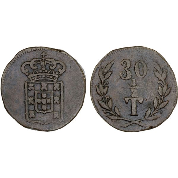 PORTUGUESE INDIA: GOA: Maria II, 1834-1853, AE ½ tanga, ND, nice VF