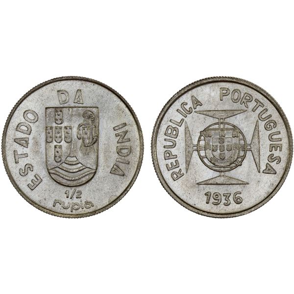 PORTUGUESE INDIA: Republic, AR 1/2 rupia, 1936, Choice Unc