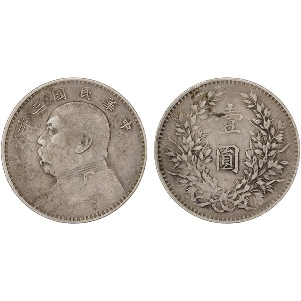 CHINA: Republic, AR dollar, year 3 (1914), VF