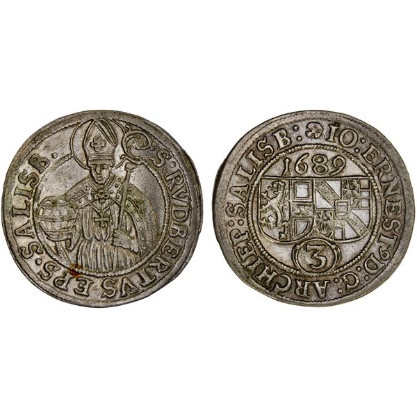 SALZBURG: Johann Ernst von Thun, 1687-1709, AR 3 kreuzer, 1689, XF-AU