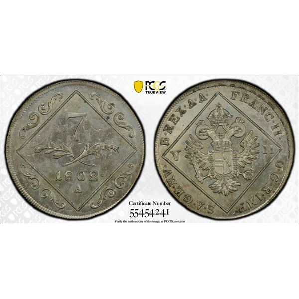 AUSTRIA: Franz II, 1792-1806, AR 7 kreuzer, Vienna, 1802-A, PCGS MS63