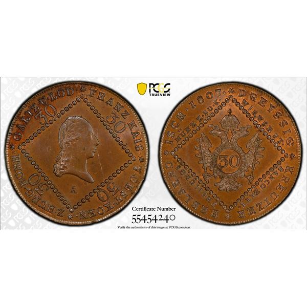 AUSTRIA: Franz I, 1806-1835, AE 30 kreuzer, Vienna, 1807-A, PCGS MS63 BN