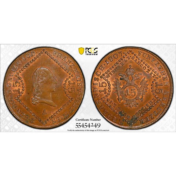AUSTRIA: Franz I, 1806-1835, AE 15 kreuzer, Vienna, 1807-A, PCGS MS63 RB