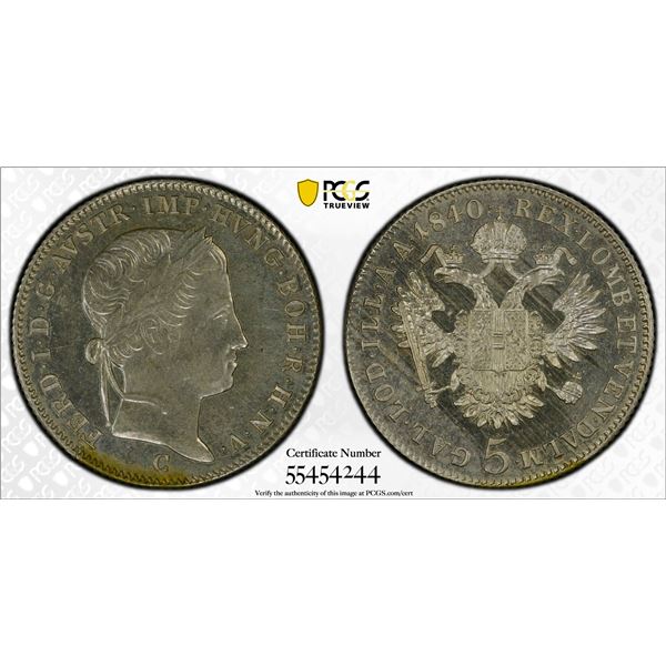 AUSTRIA: Ferdinand I, 1835-1848, AR 5 kreuzer, Prague, 1840-C, PCGS MS64