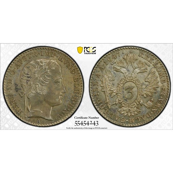 AUSTRIA: Ferdinand I, 1835-1848, AR 3 kreuzer, Vienna, 1847-A, PCGS MS62