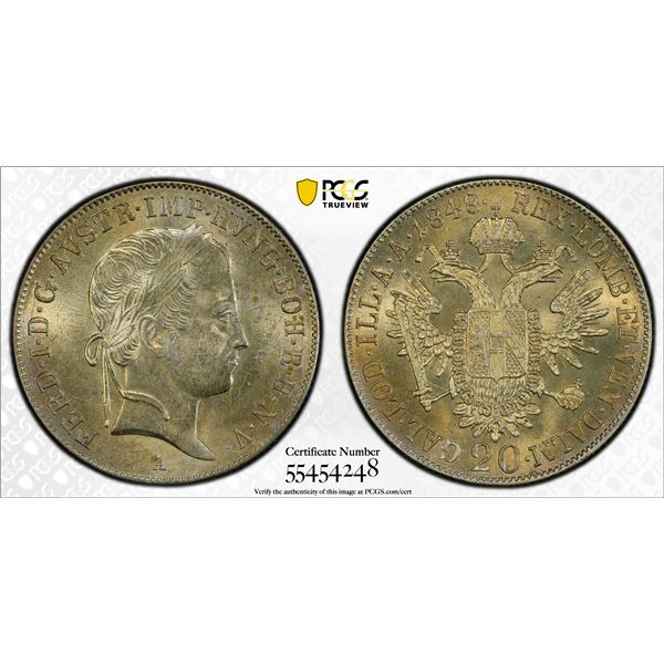 AUSTRIA: Ferdinand I, 1835-1848, AR 20 kreuzer, Vienna, 1848-A, PCGS MS63