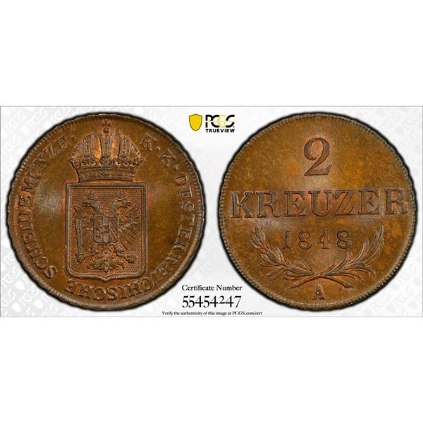 AUSTRIA: Franz Joseph I, 1848-1916, AE 2 kreuzer, Vienna, 1848-A, PCGS MS65 BN