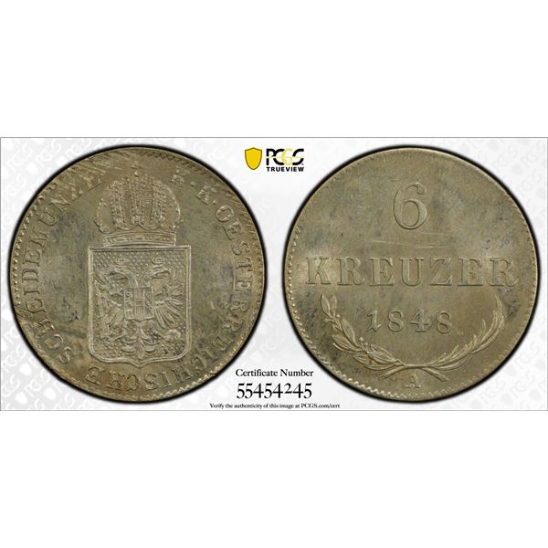 AUSTRIA: Franz Joseph I, 1848-1916, AR 6 kreuzer, Vienna, 1848-A, PCGS MS63