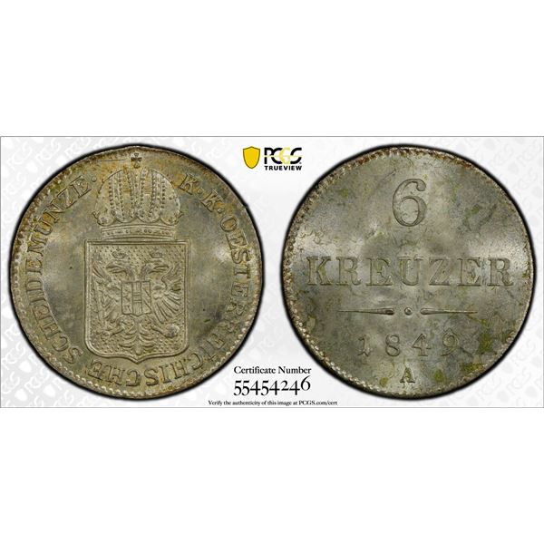 AUSTRIA: Franz Joseph I, 1848-1916, AR 6 kreuzer, Vienna, 1849-A, PCGS MS64