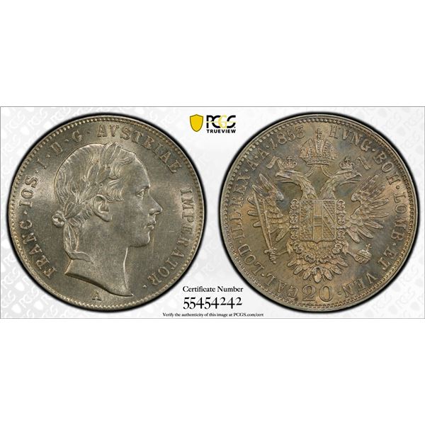 AUSTRIA: Franz Joseph I, 1848-1916, AR 20 kreuzer, Vienna, 1853-A, PCGS MS62