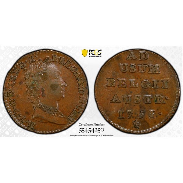 AUSTRIAN NETHERLANDS: Maria Theresa, 1740-1780, AE liard / oord, Bruges, 1751, PCGS AU58