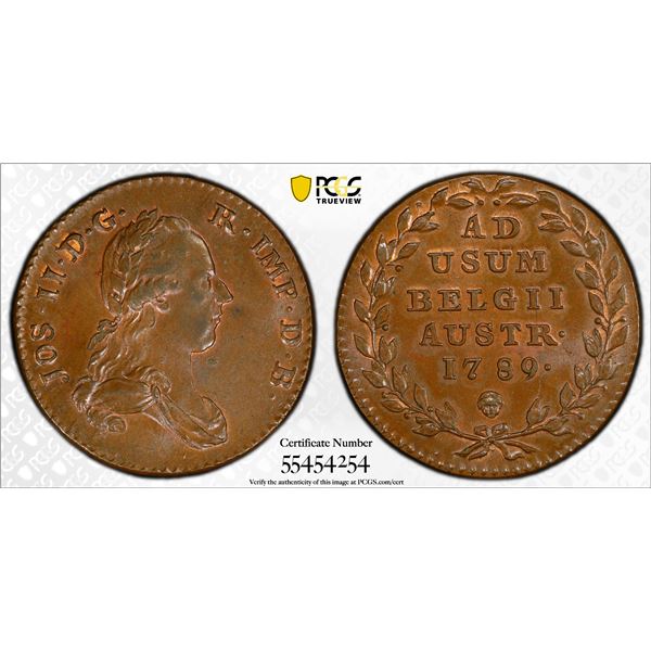 AUSTRIAN NETHERLANDS: Joseph II, 1780-1790, AE 2 liards / oorden, Brussels, 1789, PCGS MS63 BN