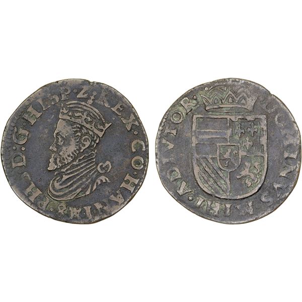BELGIUM: HAINAUT: Philippe II, 1555-1598, AE oord (5.11g) (15)81, VF
