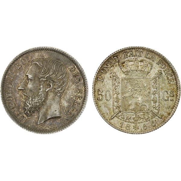BELGIUM: Leopold II, 1865-1909, AR 50 centimes, 1866, AU