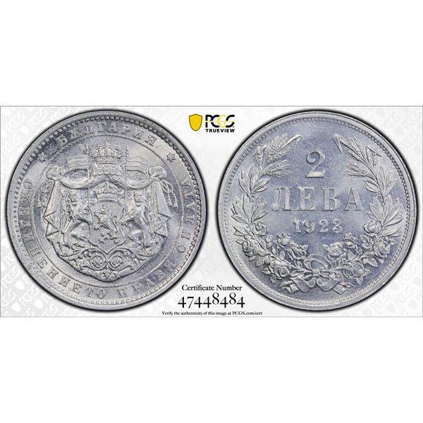 BULGARIA: Boris III, 1918-1943, 2 leva, 1923, PCGS MS64