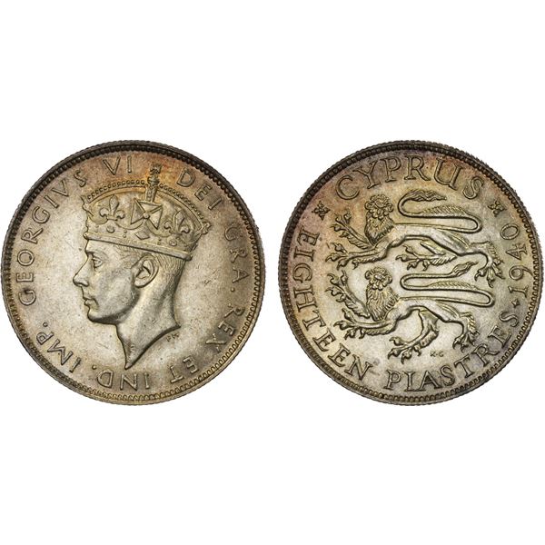 CYPRUS: George VI, 1936-1952, AR 18 piastres, 1940, AU