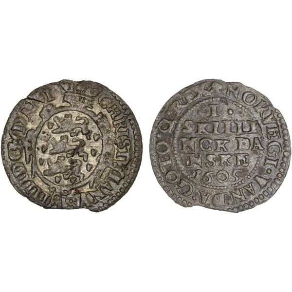 DENMARK: Christian IV, 1588-1648, BI skilling (1.34g), 1605, XF