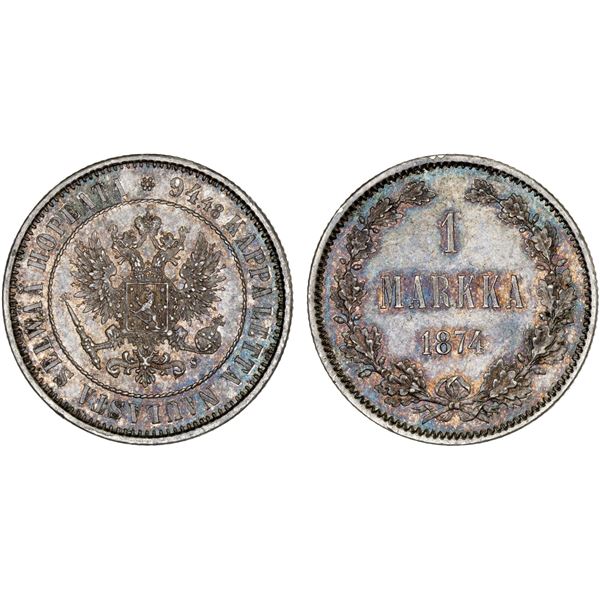 FINLAND: Alexander II, 1855-1881, AR markka, 1874, XF-AU