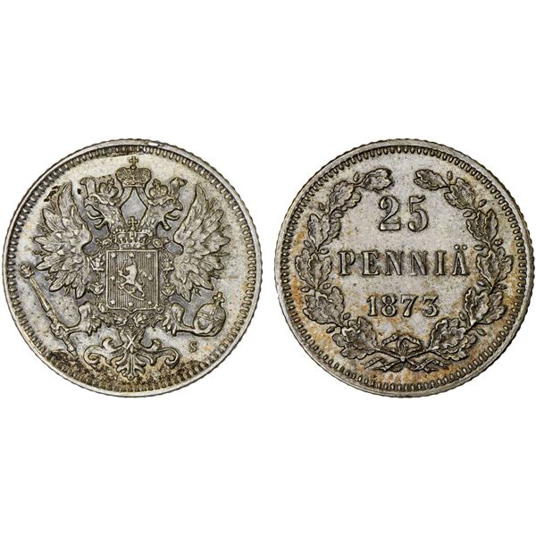 FINLAND: Alexander II, 1855-1881, AR 25 penniä, 1873, XF-AU