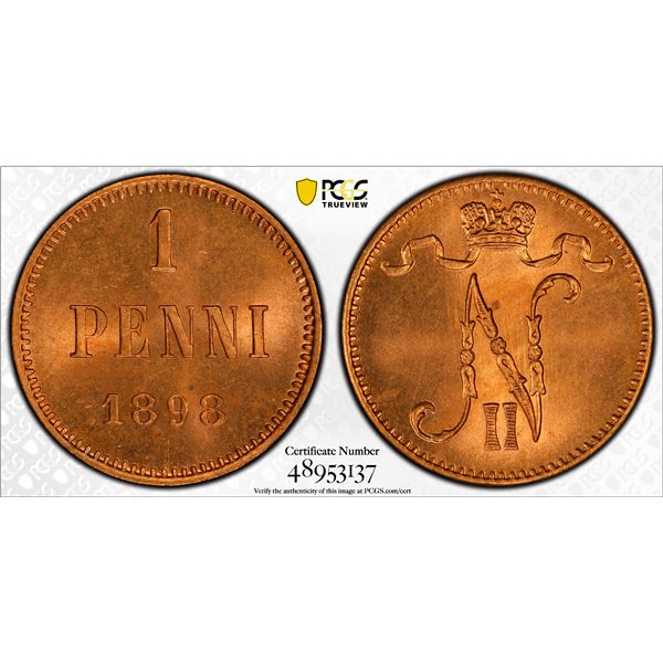 FINLAND: Nicholas II, Grand Duke, 1894-1917, AE penni, 1898, PCGS MS65 RD