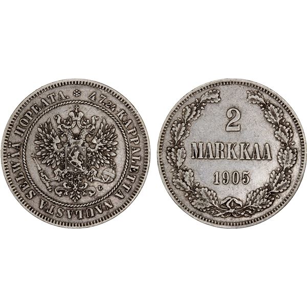 FINLAND: Nicholas II, 1894-1917, AR 2 markkaa, 1905, F-VF