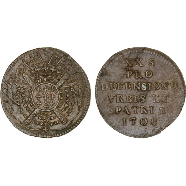 FRANCE: LILLE: AE 20 sols, 1708, crude VF-XF