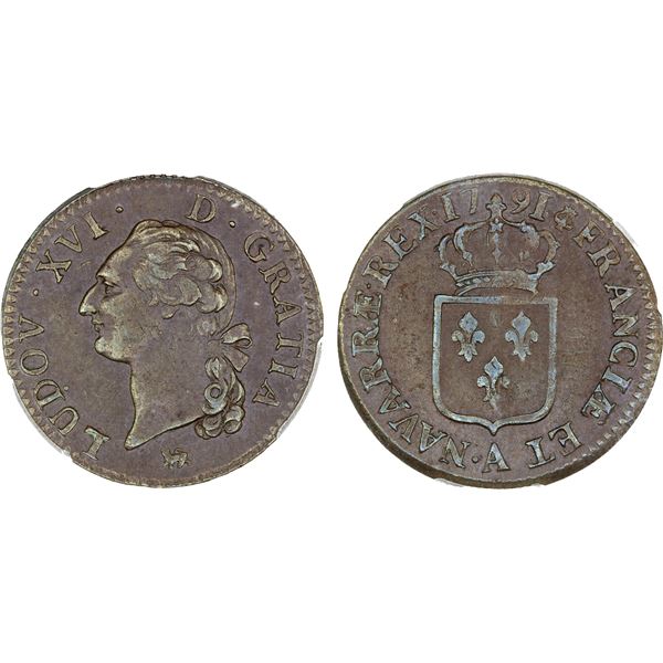 FRANCE: Louis XVI, 1774-1790, AE sol, 1791-A, PCGS MS62 BN