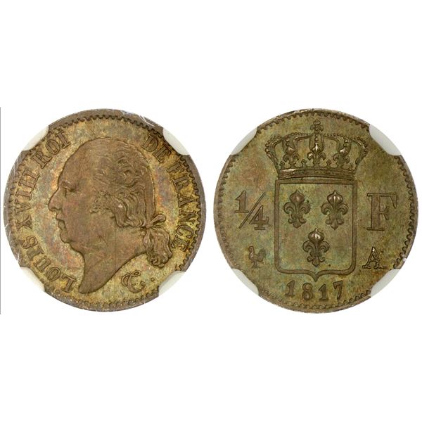 FRANCE: Louis XVIII, 1815-1824, AR 1/4 franc, 1817-A, NGC MS65