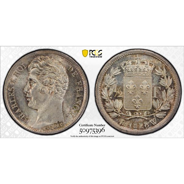 FRANCE: Charles X, 1824-1830, AR 50 centimes, 1828-W, PCGS MS65