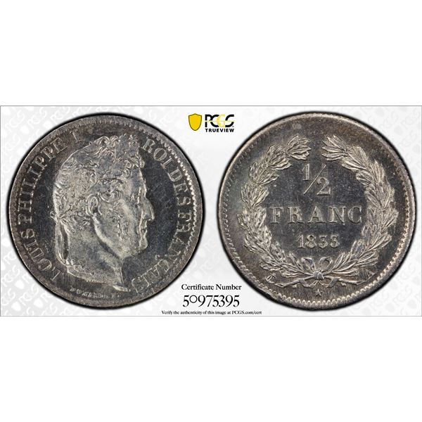 FRANCE: Louis Philippe I, 1830-1848, AR 50 centimes, 1833-A, PCGS MS63